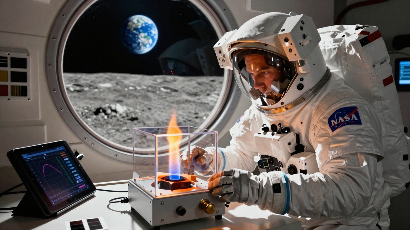 Astronauta em traje da NASA realiza experiência com chama azul dentro de módulo lunar com vista para a Terra.