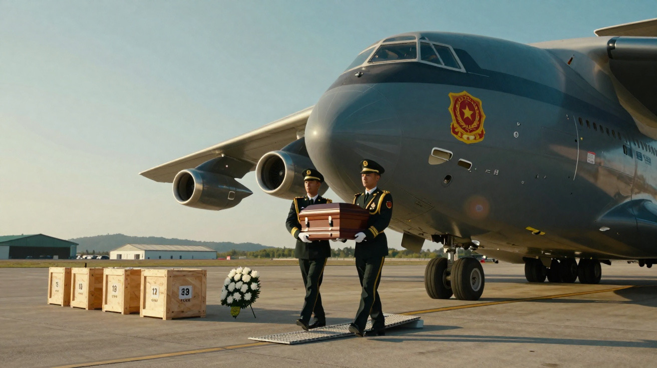 Militares em cerimónia de repatriamento junto a avião militar, transportando urna num aeroporto.