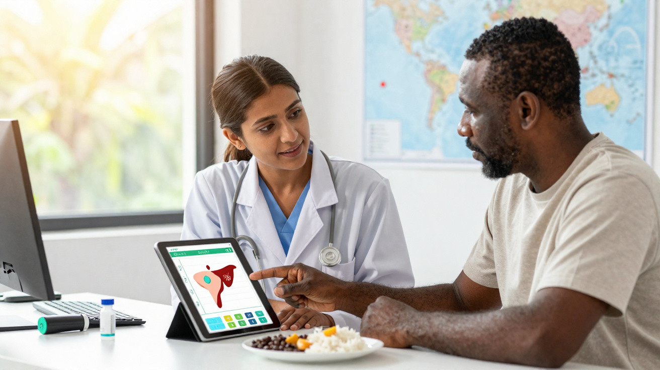 Médica a explicar a um paciente uma imagem digital do fígado num tablet durante consulta.