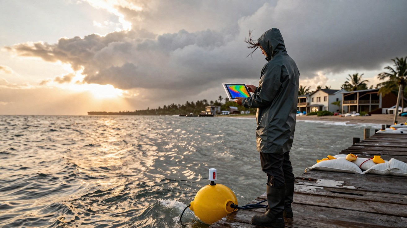 Pessoa com fato impermeável a analisar dados num tablet junto ao mar numa doca ao pôr do sol.