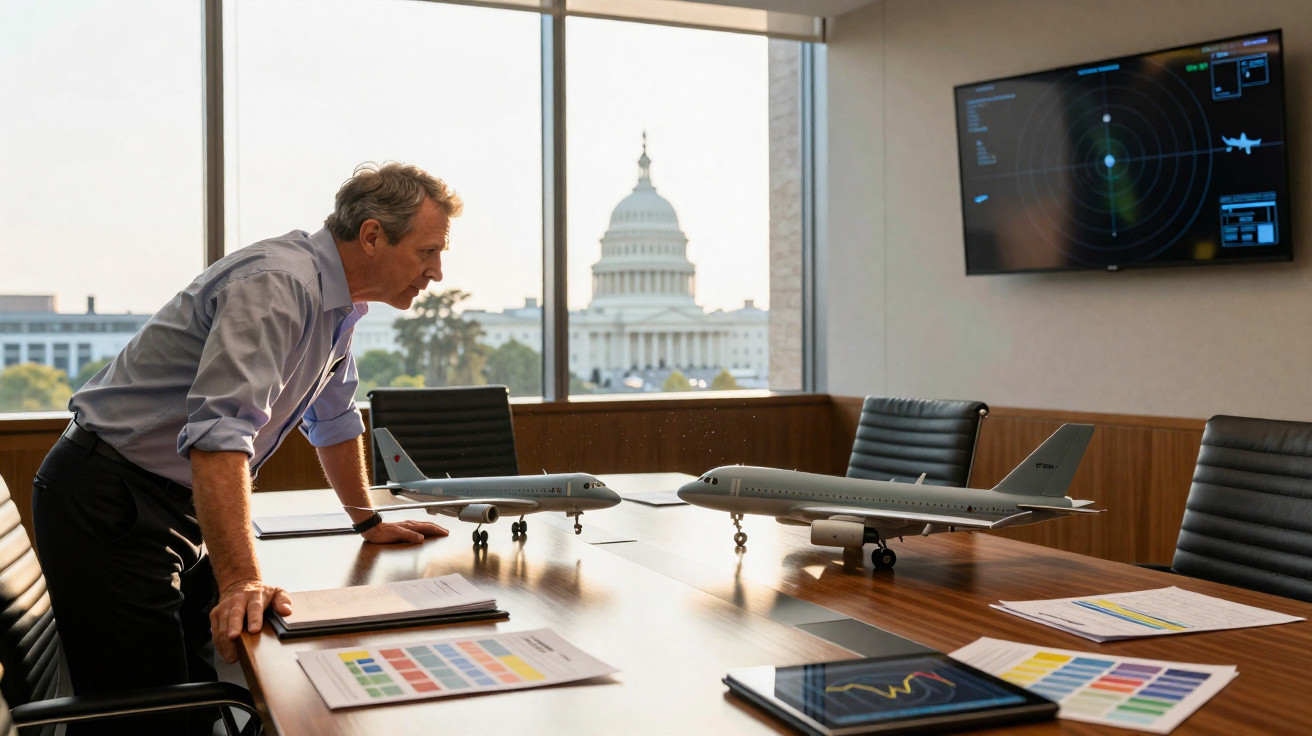 Homem analisa modelos de aviões numa sala de reuniões com vista para o Capitólio dos EUA.