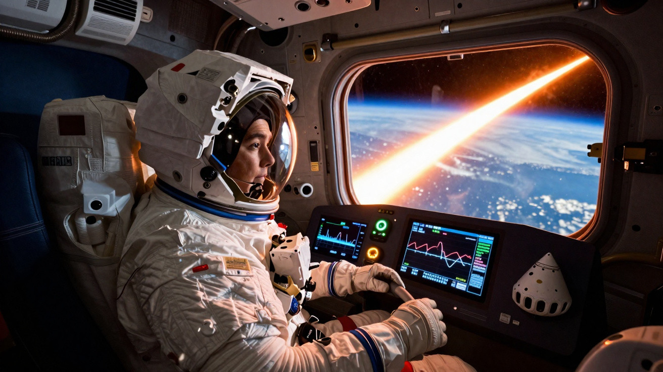 Astronauta em fato espacial observa meteorito a entrar na atmosfera terrestre a partir de uma nave espacial.