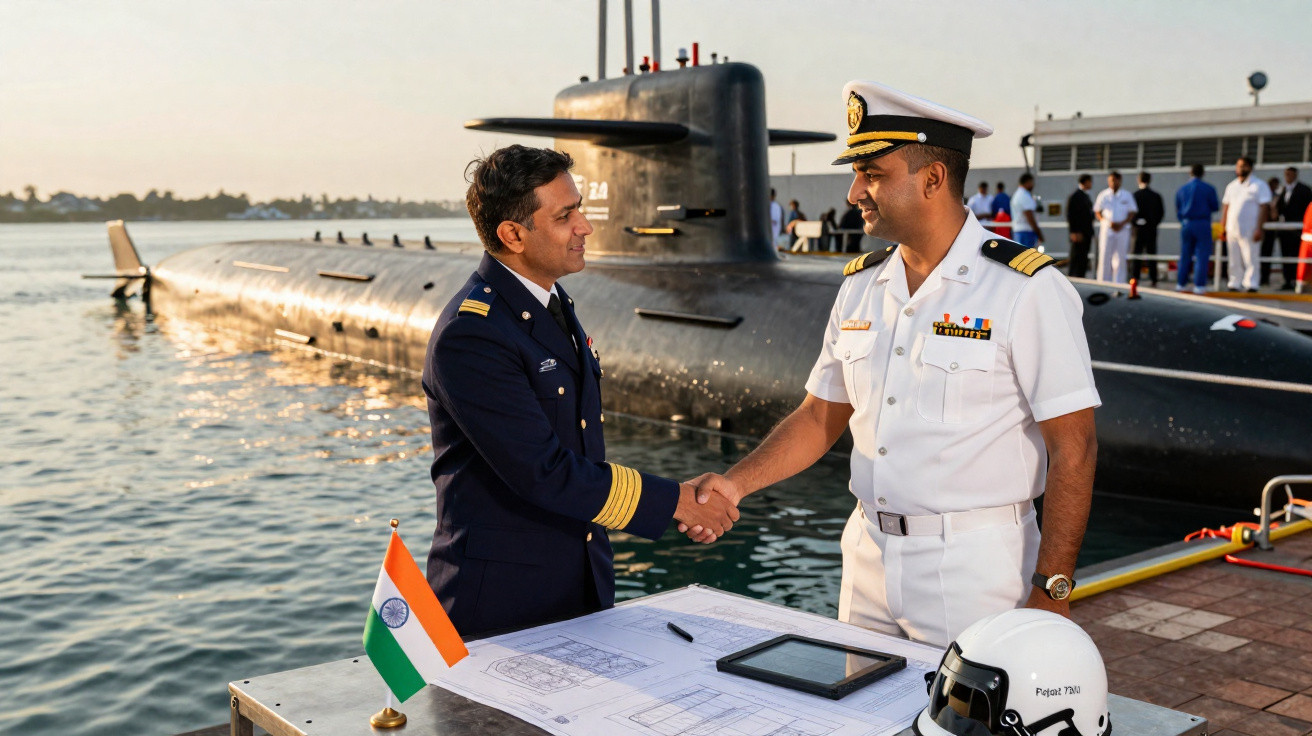 Dois militares indianos a cumprimentar-se junto a uma mesa com planos e capacete, com um submarino ao fundo.