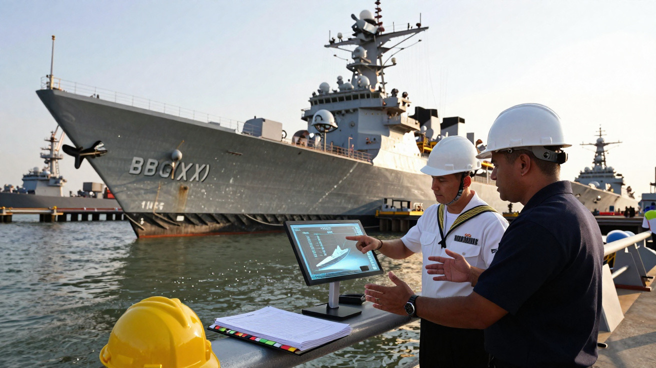 Dois homens com capacetes de segurança analisam dados num ecrã junto a um grande navio militar atracado no cais.