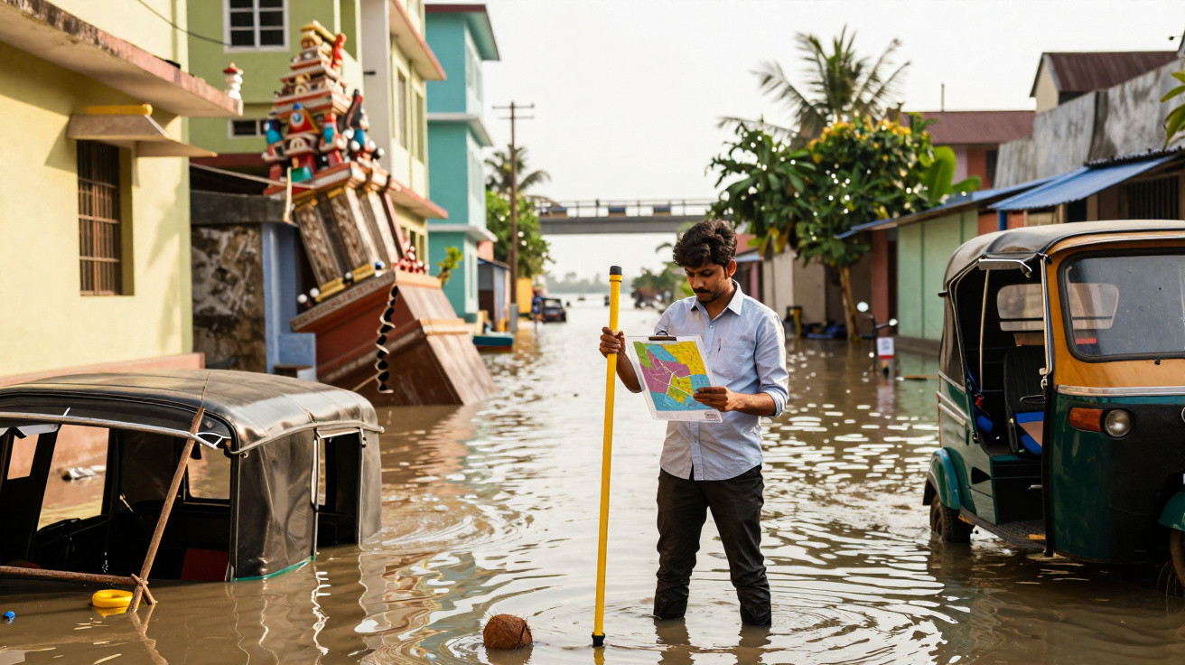 Homem em água de cheia numa rua inundada, a segurar um mapa e um bastão, entre veículos submersos.
