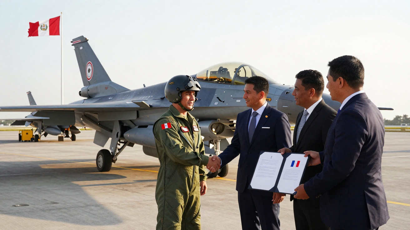 Piloto peruano de uniforme cumprimenta três homens de fato junto a avião militar numa pista.