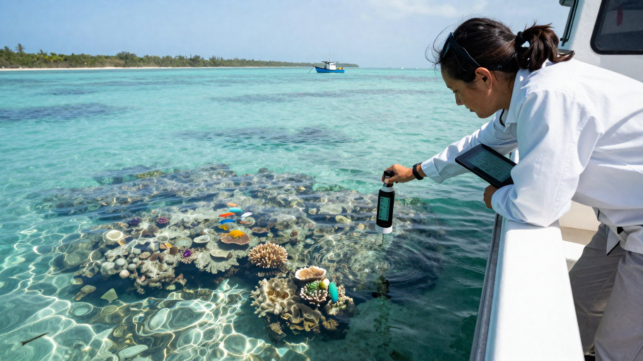 Pessoa a recolher amostras de coral e água do mar em águas transparentes junto a um barco.