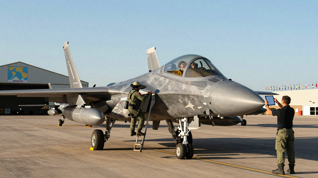 Caça militar estacionado numa pista de aeroporto com dois militares a preparar o piloto para o voo.