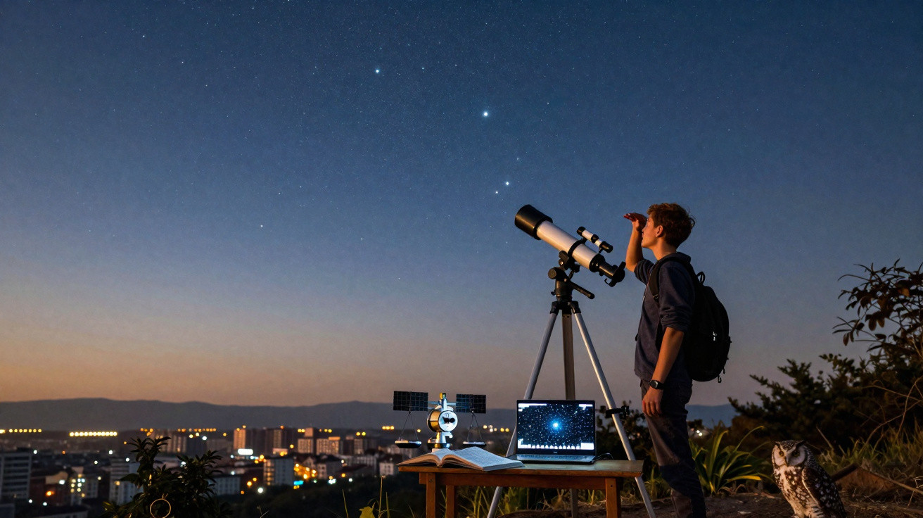 Rapaz observa estrelas com telescópio ao entardecer, com laptop e equipamento de astronomia numa colina.