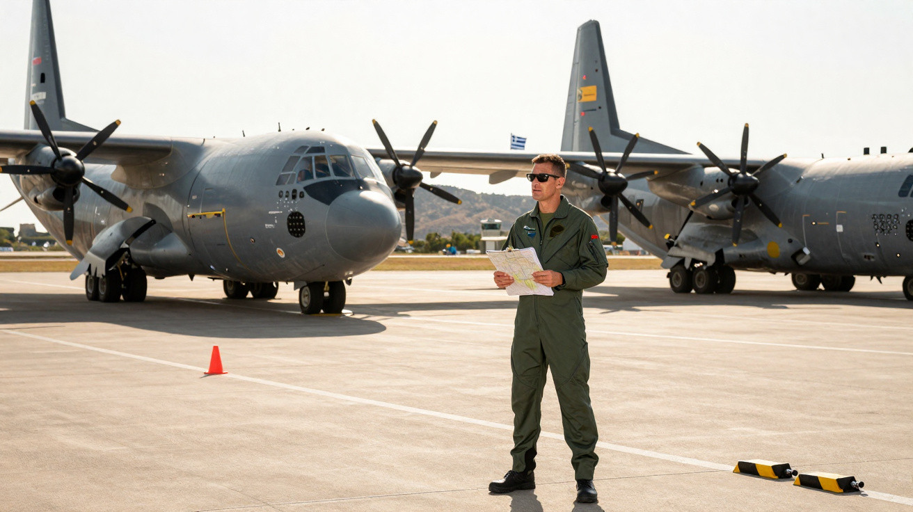Piloto militar com fato verde e óculos escuros segura um mapa em frente a aviões de transporte cinzentos no aeroporto.