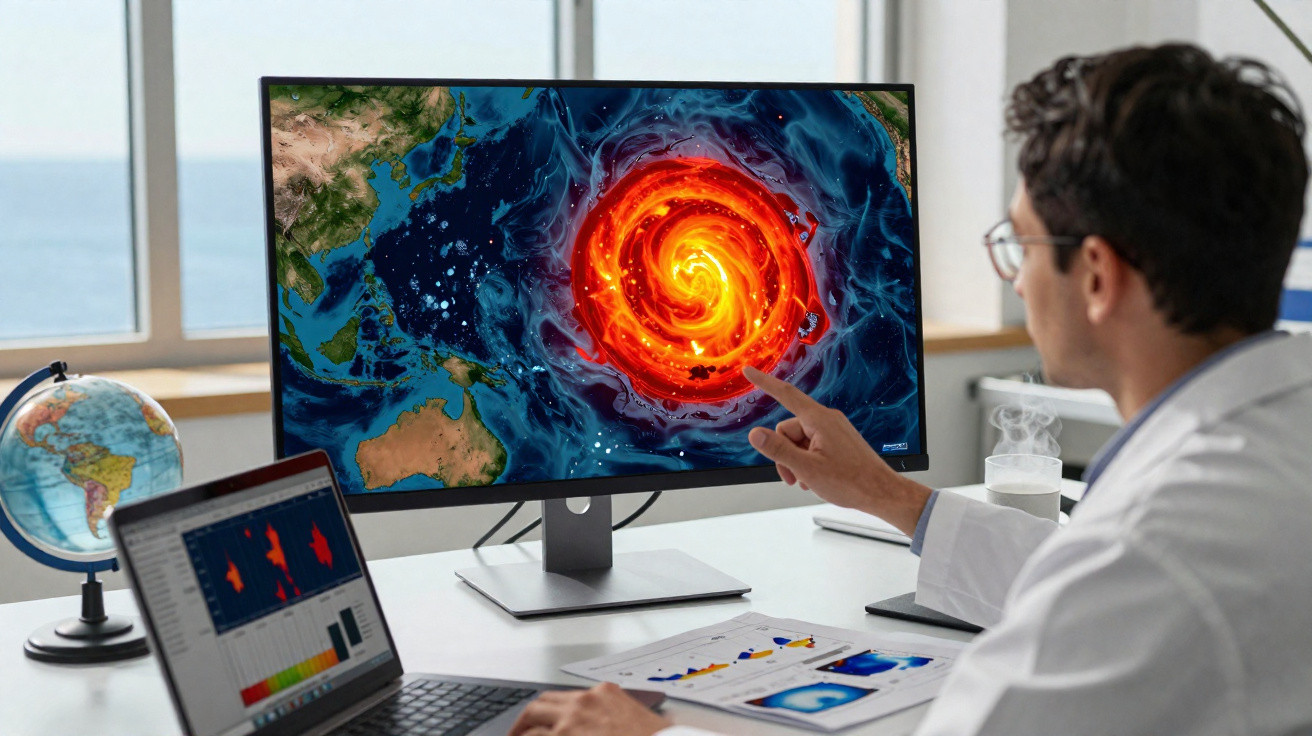 Pessoa a analisar modelo digital de tempestade vermelha intensa num ecrã de computador.