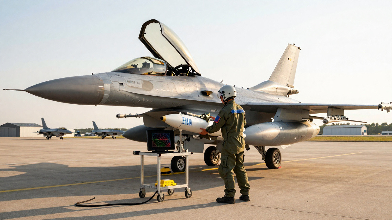 Caça F-16 estacionado com piloto em plataforma ao lado no aeroporto durante o dia.