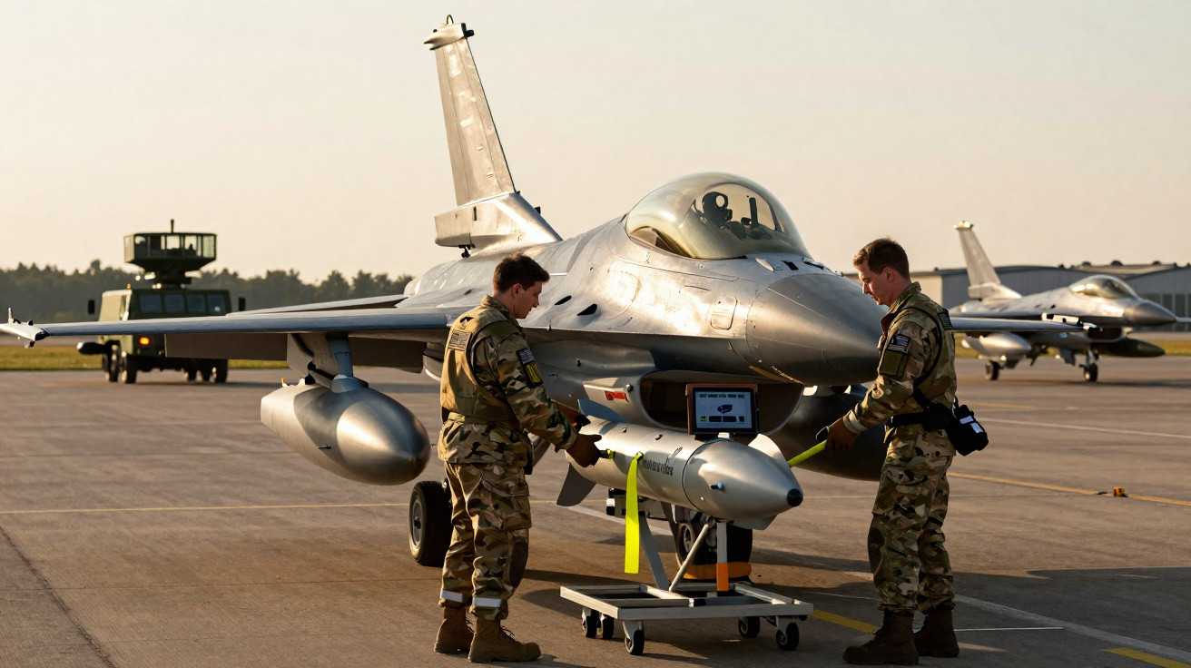 Dois militares em uniforme manipulam munição diante de jato de combate estacionado numa base aérea ao amanhecer.