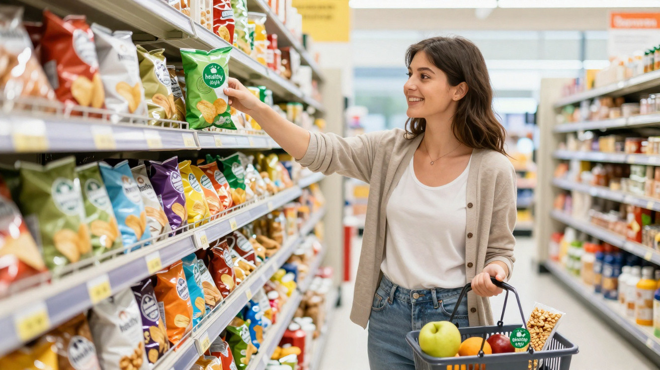 Mulher sorridente a escolher saco de batatas num corredor de supermercado com cesto de compras cheio.