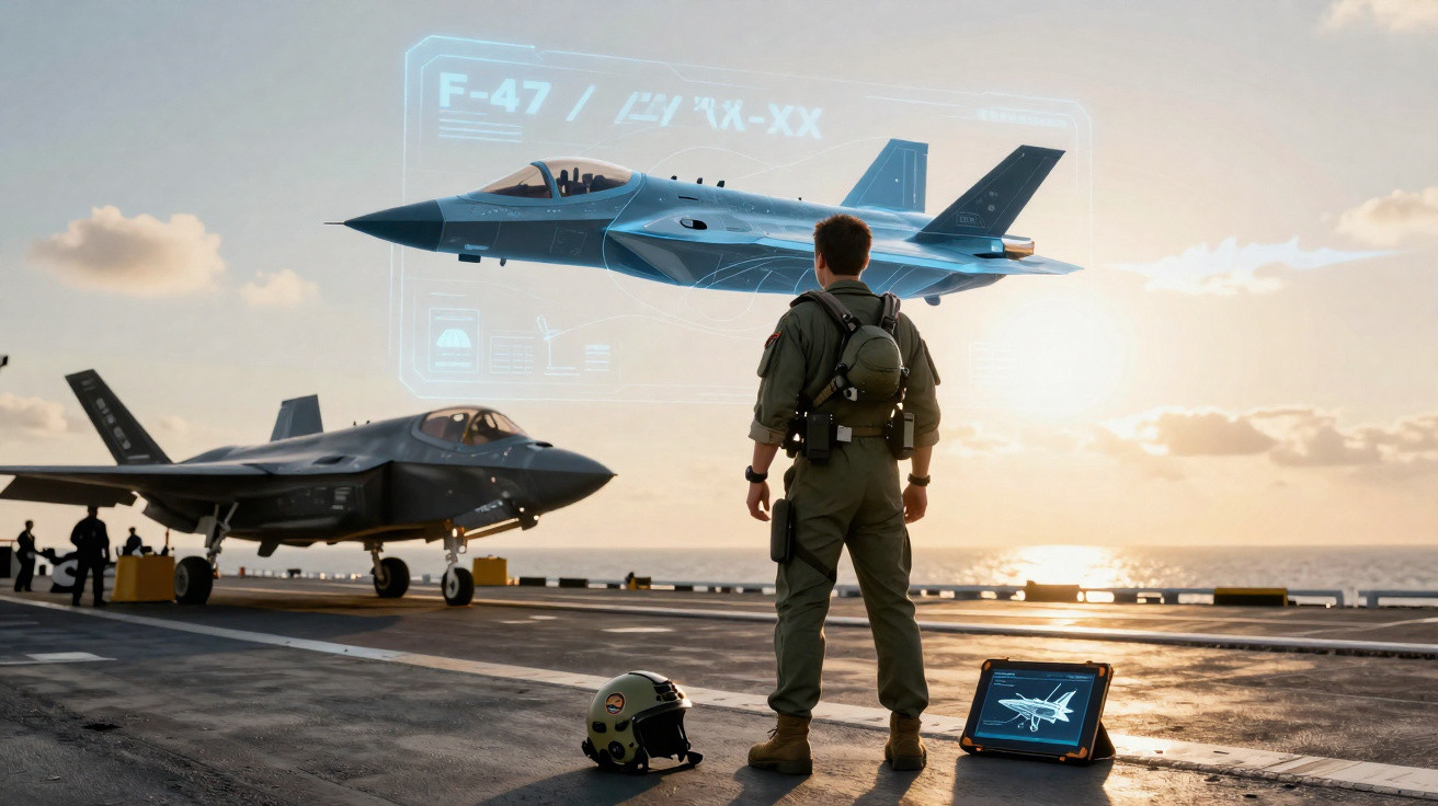 Piloto militar observa holograma de caça F-47 no convés de um porta-aviões ao pôr do sol.