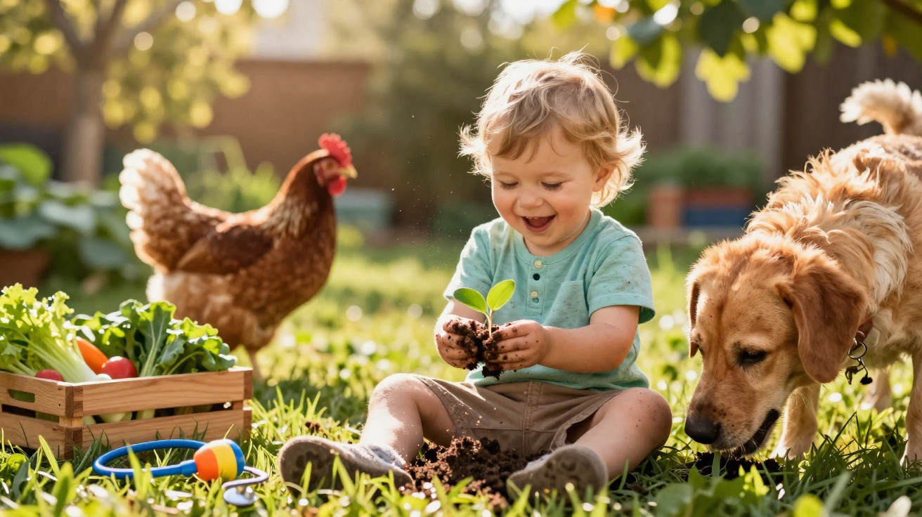 Criança sorridente a segurar planta com terra, cão a seu lado e galinha ao fundo num jardim com vegetais.