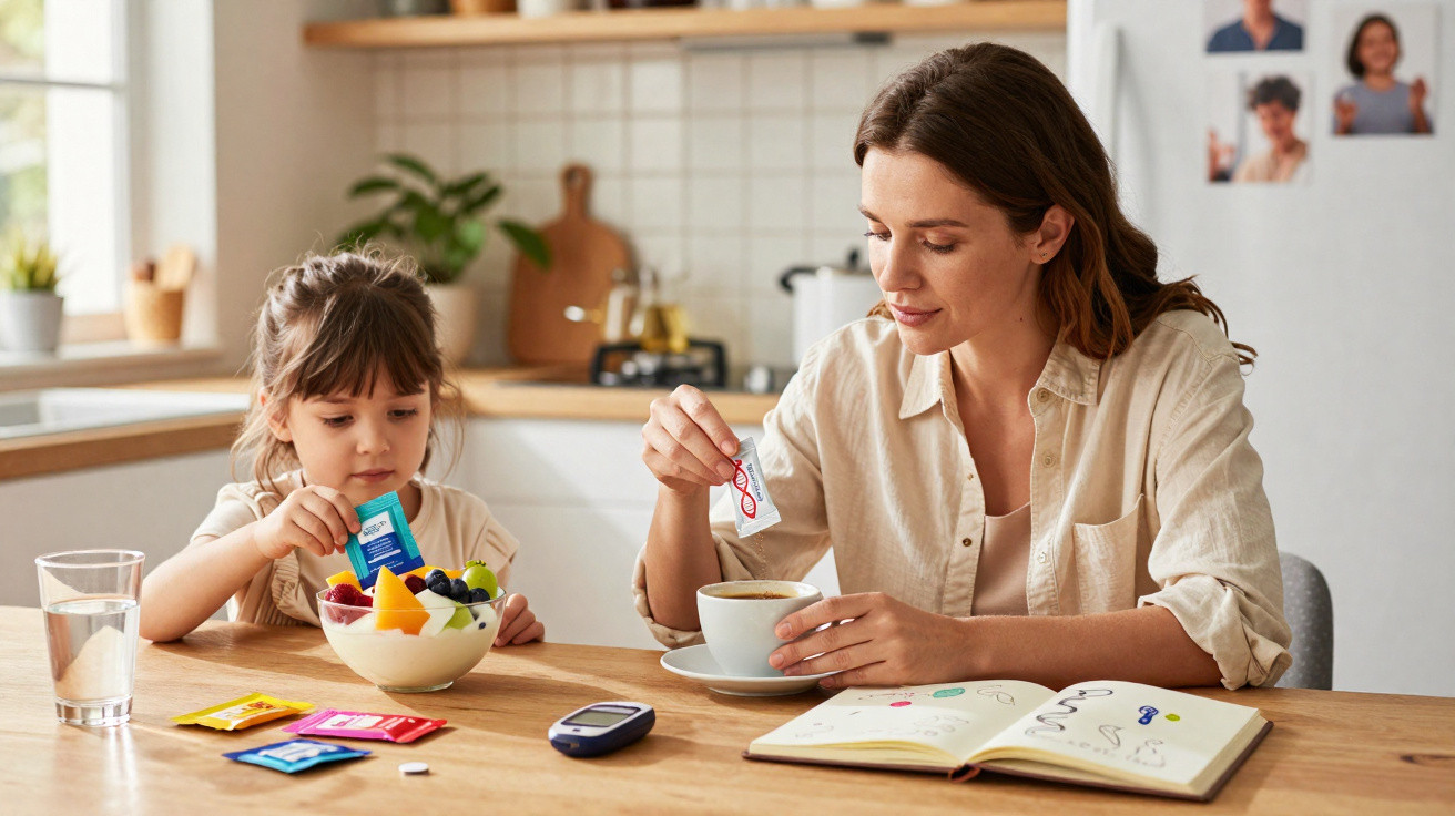 Mulher e menina numa cozinha a preparar alimentos saudáveis, com utensílios e caderno sobre a mesa.