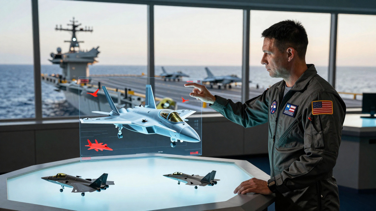 Homem em uniforme militar interage com modelo 3D de avião de combate numa base naval.