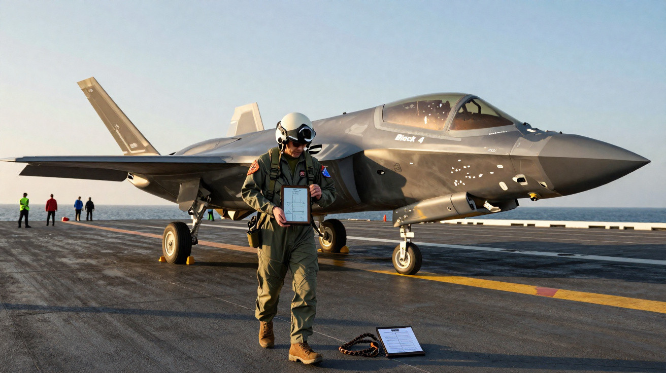 Piloto militar em voo de combate com fatos de voo e capacete junto a caça F-35 em convés de porta-aviões.