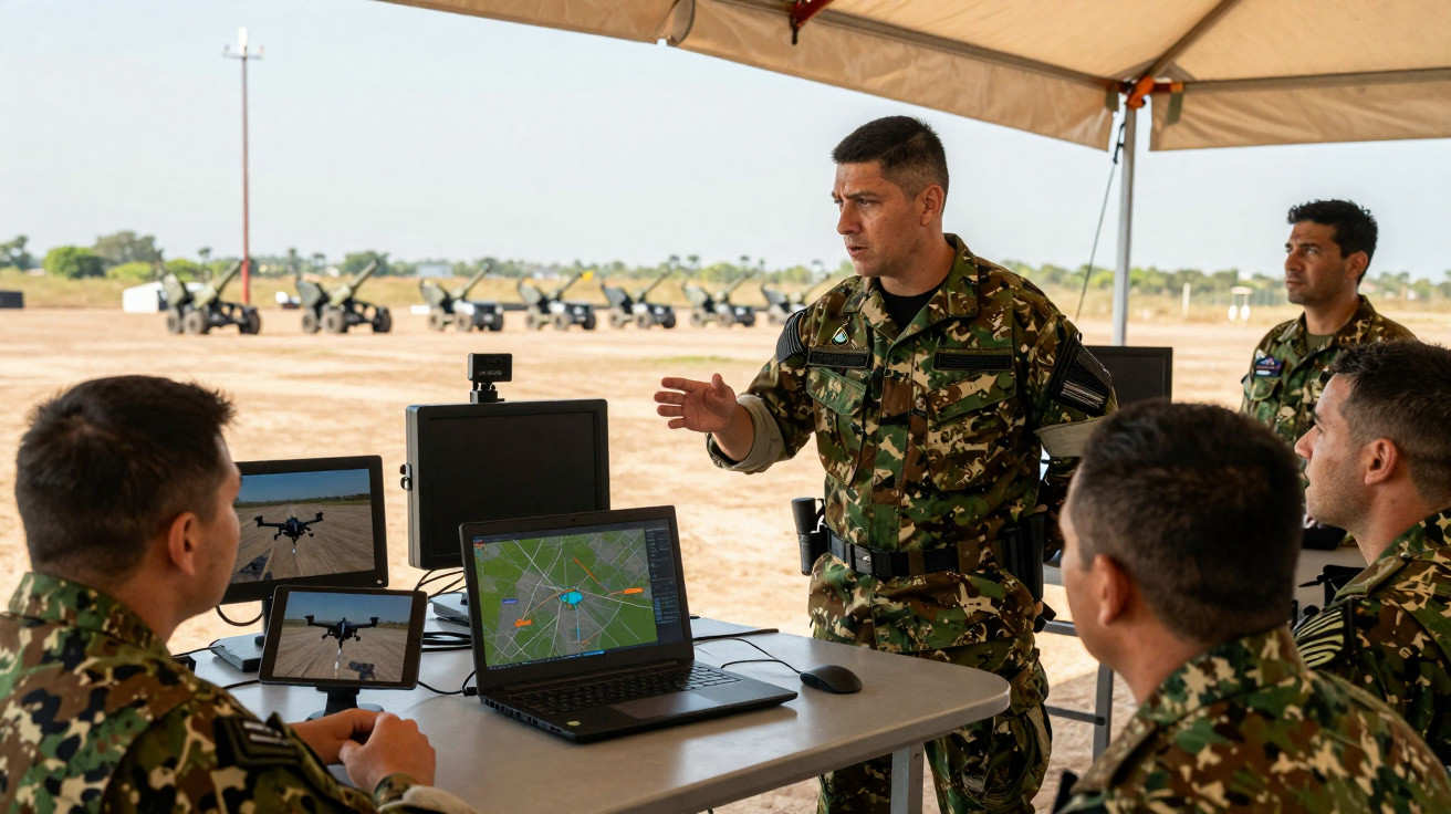 Militares em uniforme camuflado planeiam operação com drones e equipamentos eletrónicos ao ar livre, sob tenda.