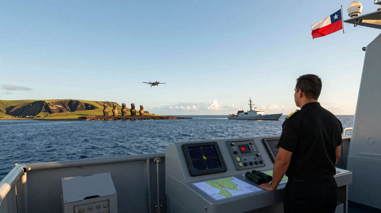 Homem em navio com bandeira do Chile observa avião a aproximar-se de ilha com estátuas Moai no Pacífico Sul.