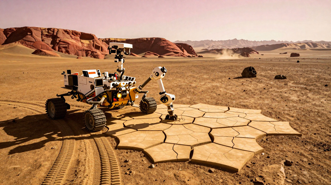 Rover exploratório a estudar solo seco e rachado numa paisagem árida e desértica com formações rochosas ao fundo.