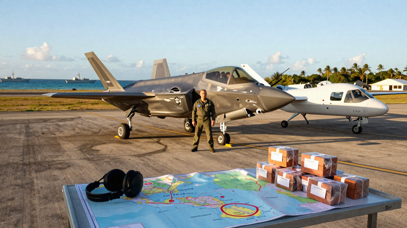 Piloto em uniforme junto a caça furtivo e aviões no aeroporto, com mapa e caixas sobre mesa em primeiro plano.