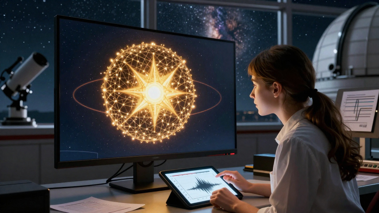 Jovem cientista observa imagem digital de esfera luminosa e estrela num monitor enquanto usa tablet em laboratório noturno.