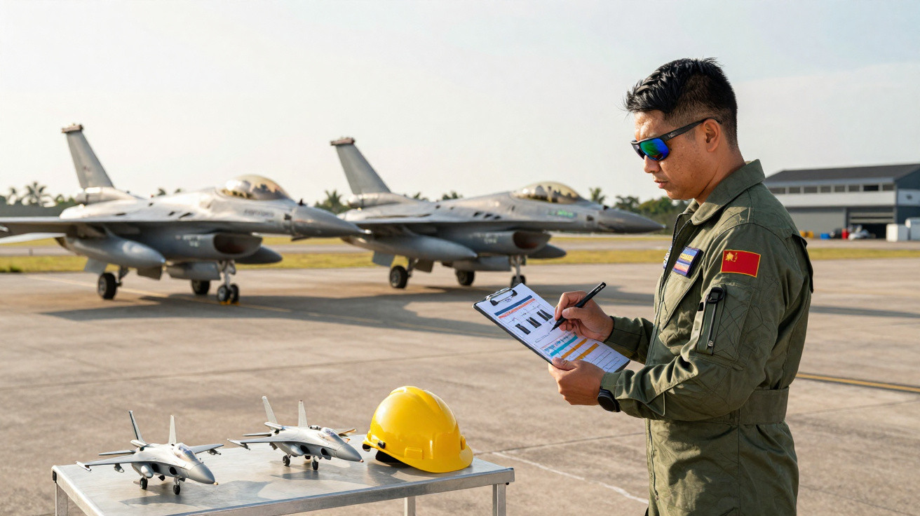 Militar em uniforme verde escreve em prancheta junto a modelo de aviões e dois caças na pista de aeroporto.