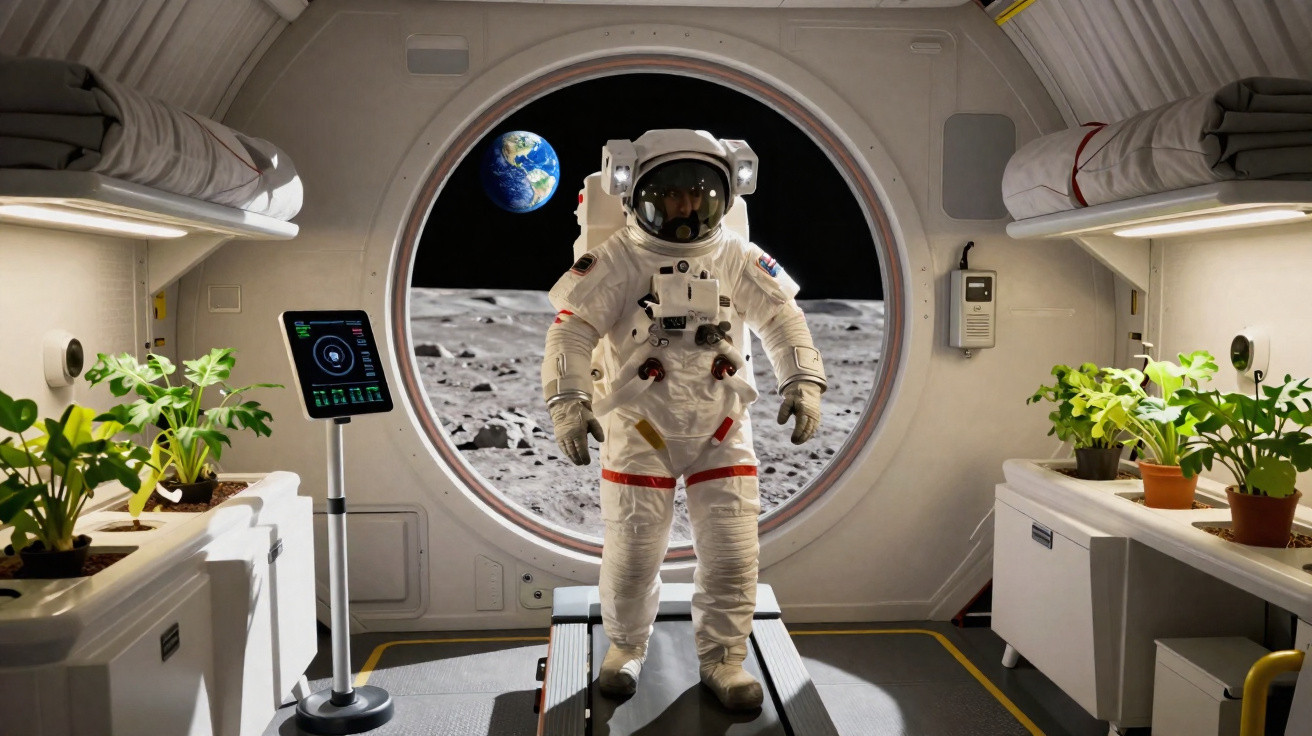 Astronauta num fato espacial numa base lunar com vista da Terra ao fundo, plantas interiores ao redor.