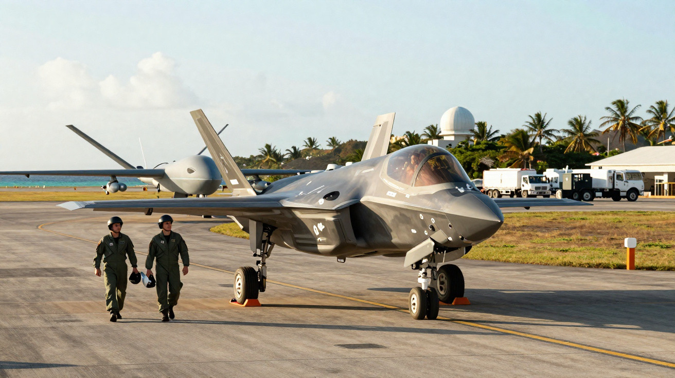 Caça furtivo estacionado num aeroporto militar com dois pilotos a caminhar e avião não tripulado ao fundo.