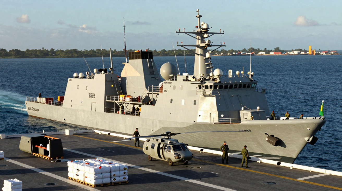 Navio naval cinzento atracado com soldados e helicóptero em convés próximo ao mar calmo.