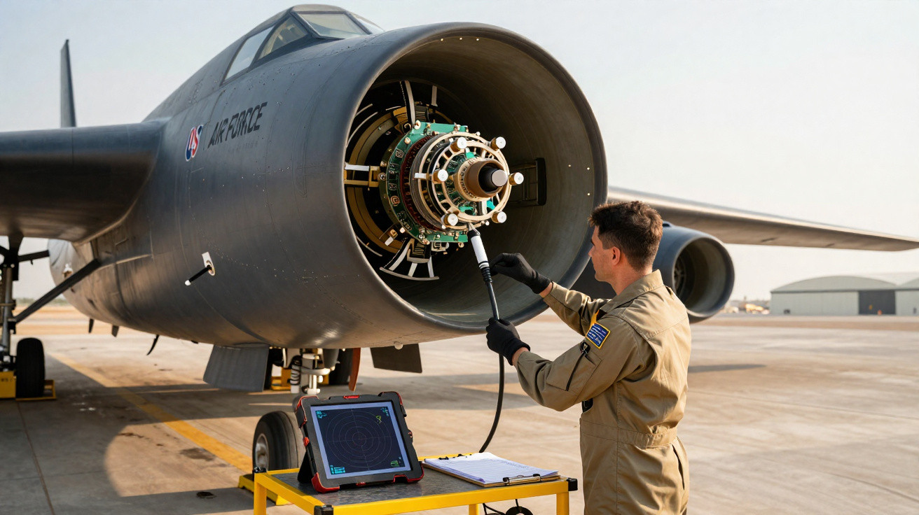 Técnico da força aérea inspeciona motor de jato com equipamento de diagnóstico numa pista de aeroporto.