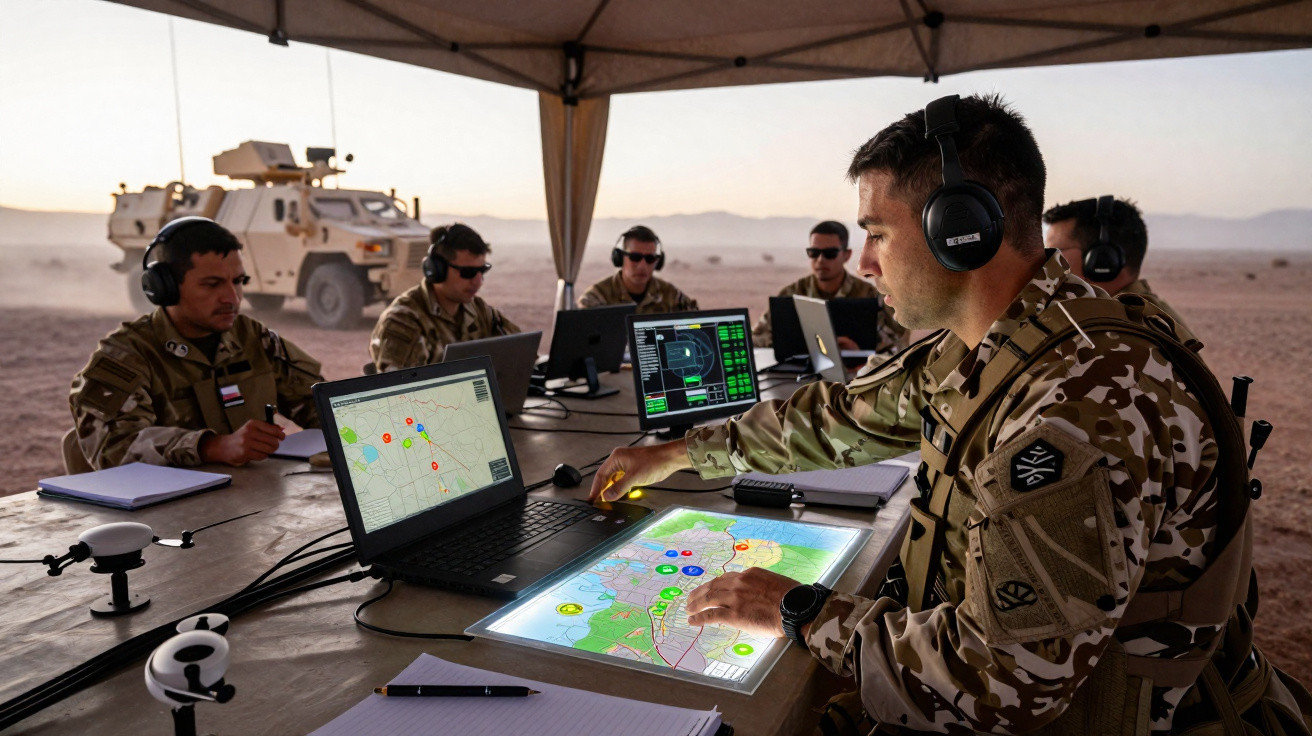 Soldados analisam mapas digitais e estratégia numa mesa de comando em ambiente desértico, com veículo militar ao fundo.