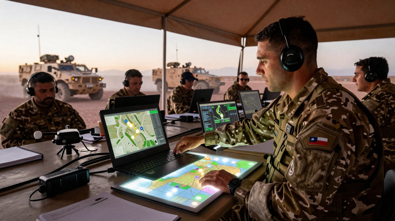 Militares operam tecnologia de mapas digitais e veículos blindados ao fundo durante missão ao ar livre.