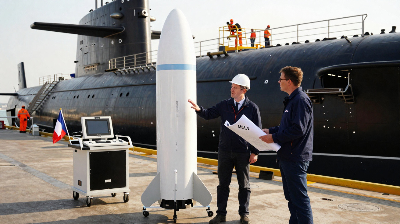 Dois engenheiros analisam um modelo de míssil branco com um submarino preto ao fundo num cais.