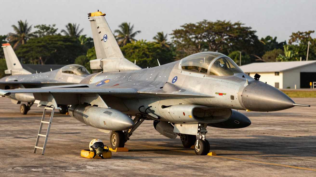 Caça militar estacionado em pista com escada e equipamento de piloto ao lado, ao entardecer.