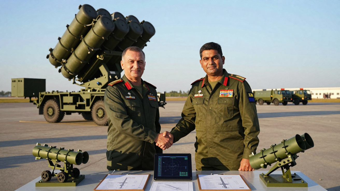 Dois militares em uniforme verde apertam as mãos diante de modelos de mísseis e equipamento militar ao ar livre.