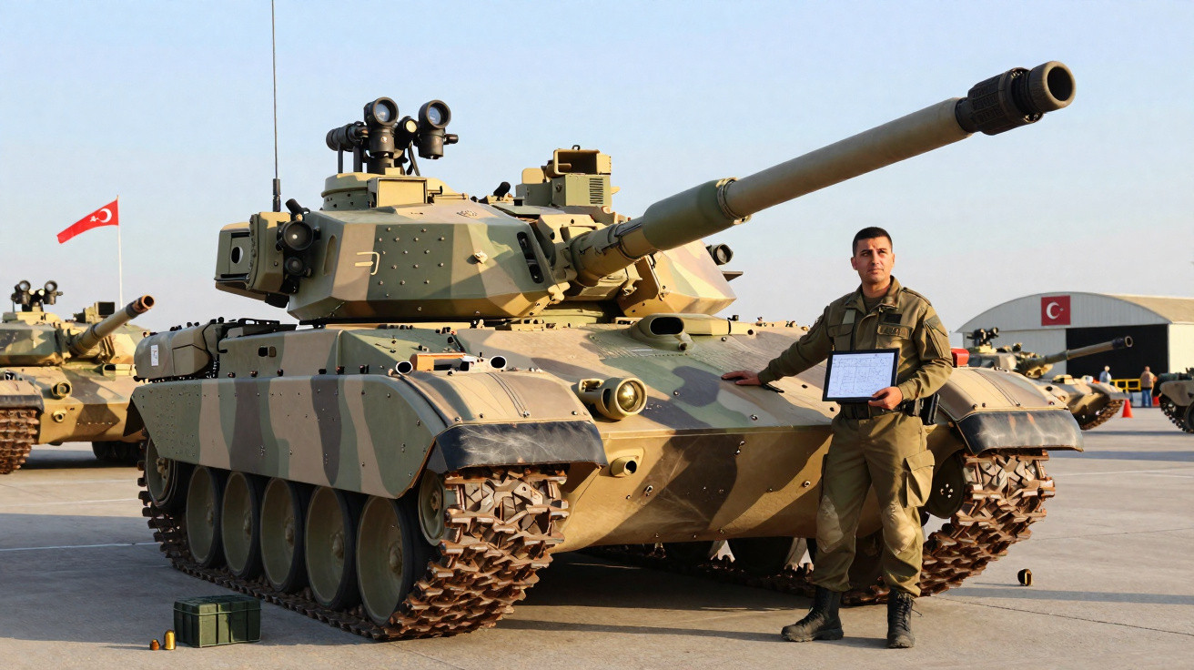 Tanque militar camuflado estacionado com soldado em uniforme a segurar um quadro, bandeira da Turquia ao fundo.