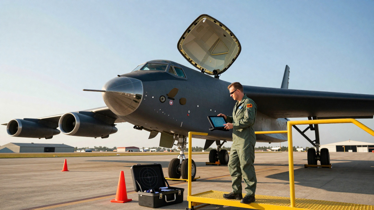 Militar em fato de voo com tablet junto a um avião militar com compartimento aberto numa pista aérea.