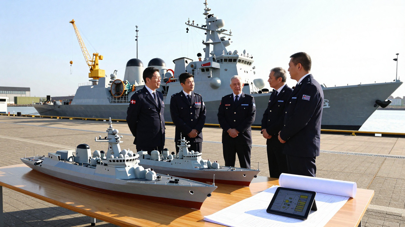 Cinco militares em uniforme junto a modelos de navios de guerra e um navio real atracado ao fundo.