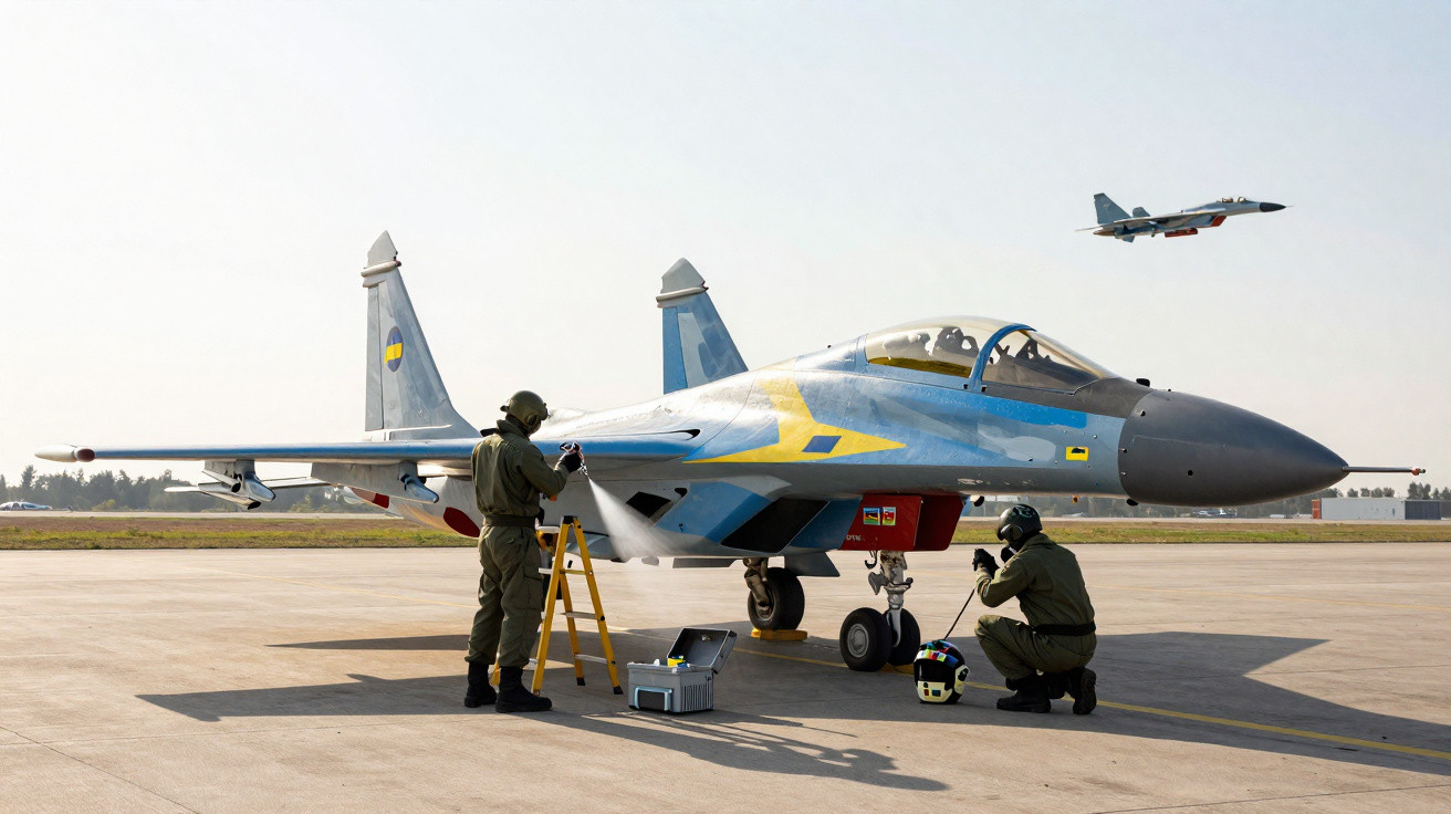 Técnicos militares a preparar e limpar um caça Sukhoi Su-27 na pista, com outro caça em voo ao fundo.