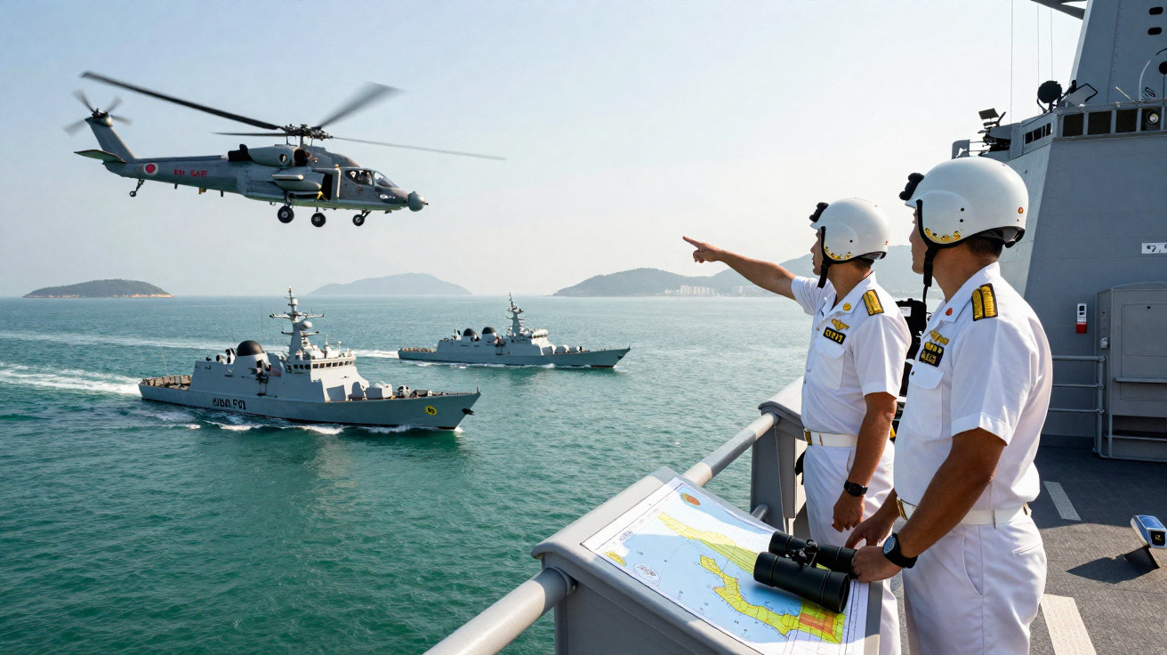 Dois oficiais navais com capacetes observam um helicóptero e dois navios de guerra no mar.