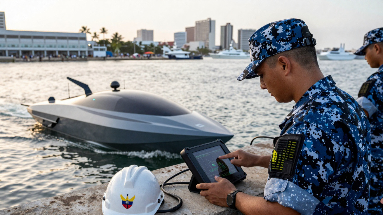 Militar marítimo a controlar um drone naval autónomo perto da costa com cidade ao fundo durante o crepúsculo.