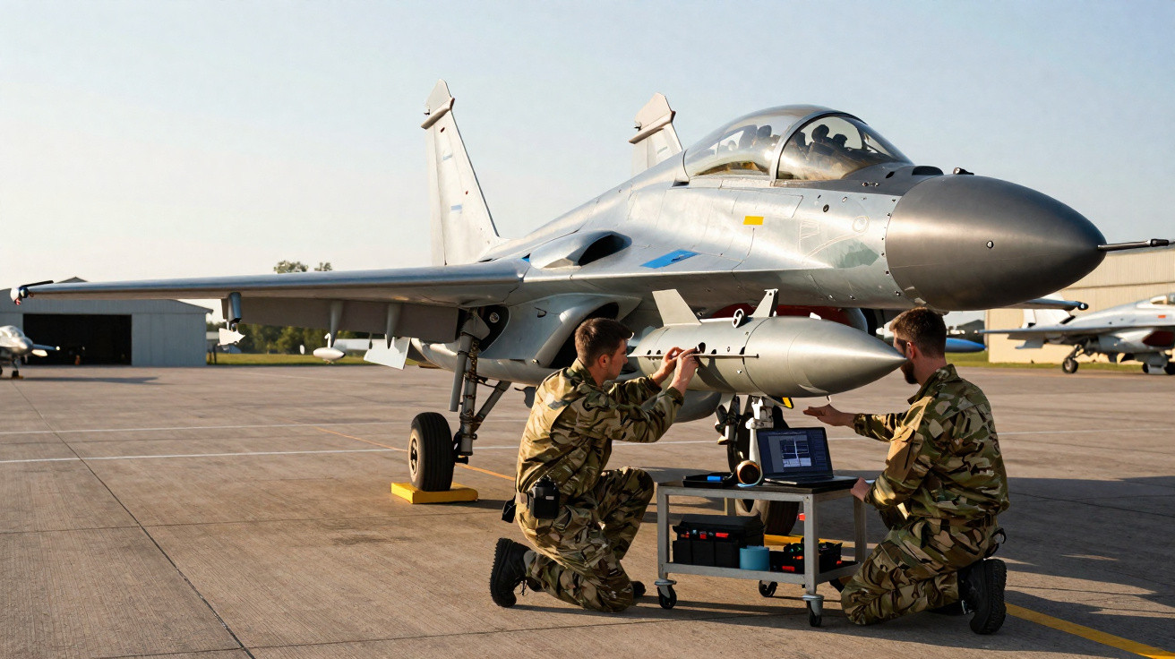 Dois militares em uniforme trabalham na manutenção de um caça estacionado numa pista de aeródromo.
