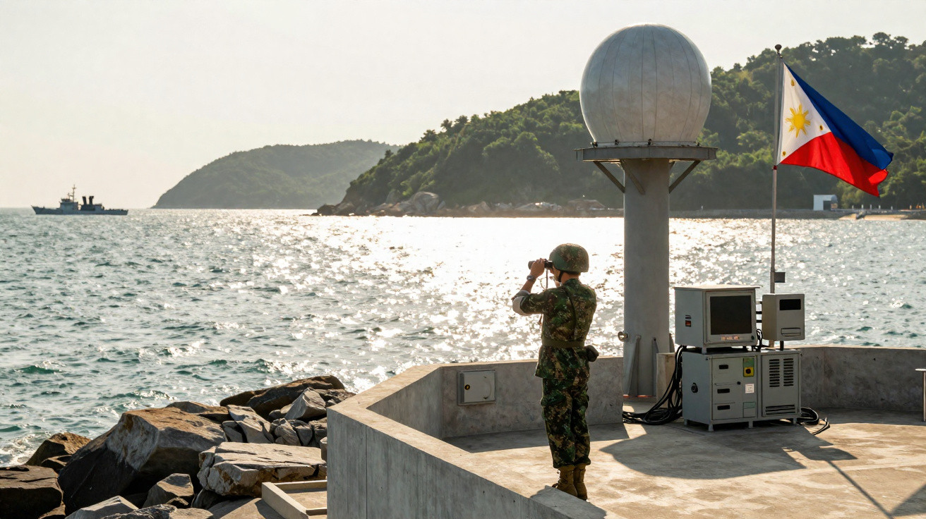 Soldado em uniforme militar observa o mar com binóculos, junto a uma estrutura e bandeira das Filipinas.