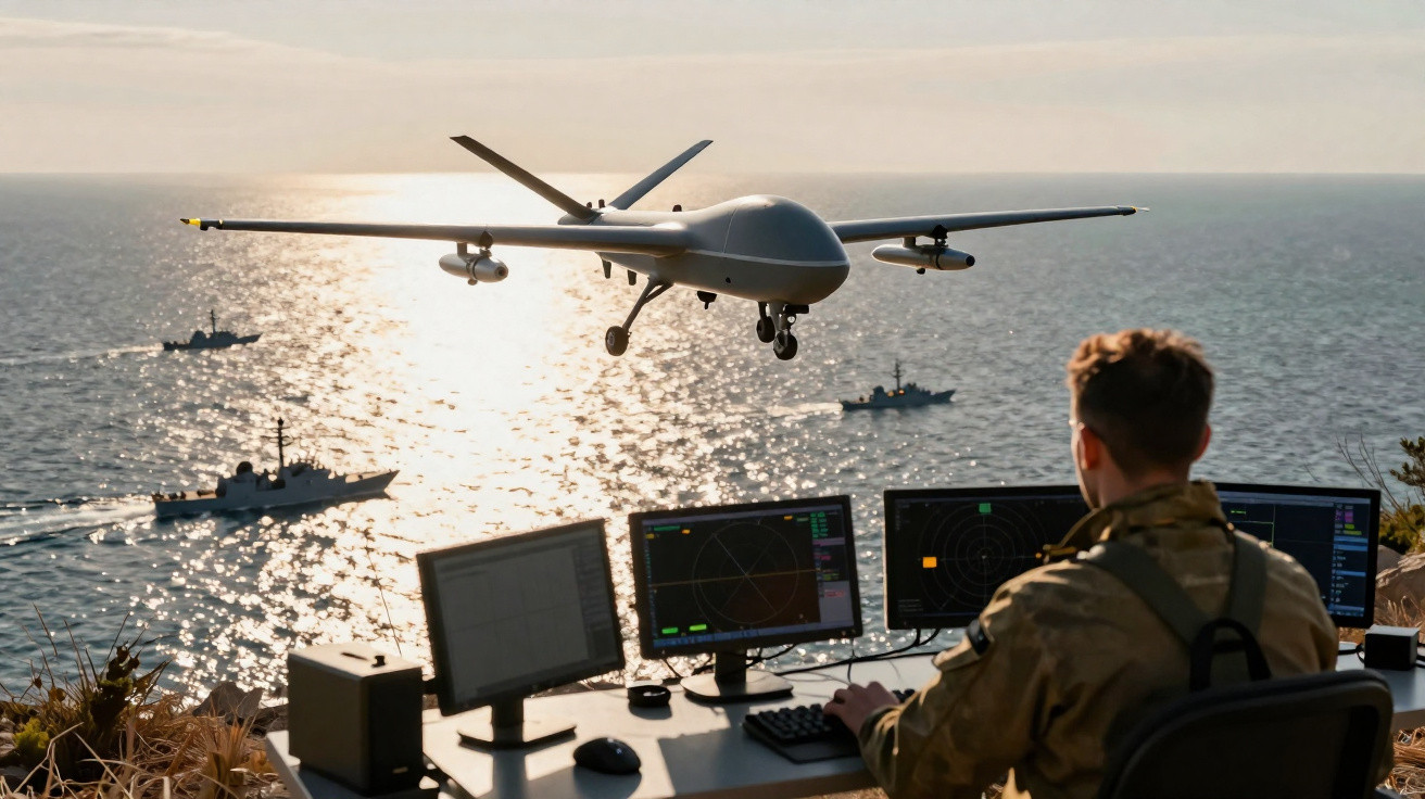 Soldado militar a controlar drone de vigilância sobre o mar com navios ao fundo ao pôr do sol.