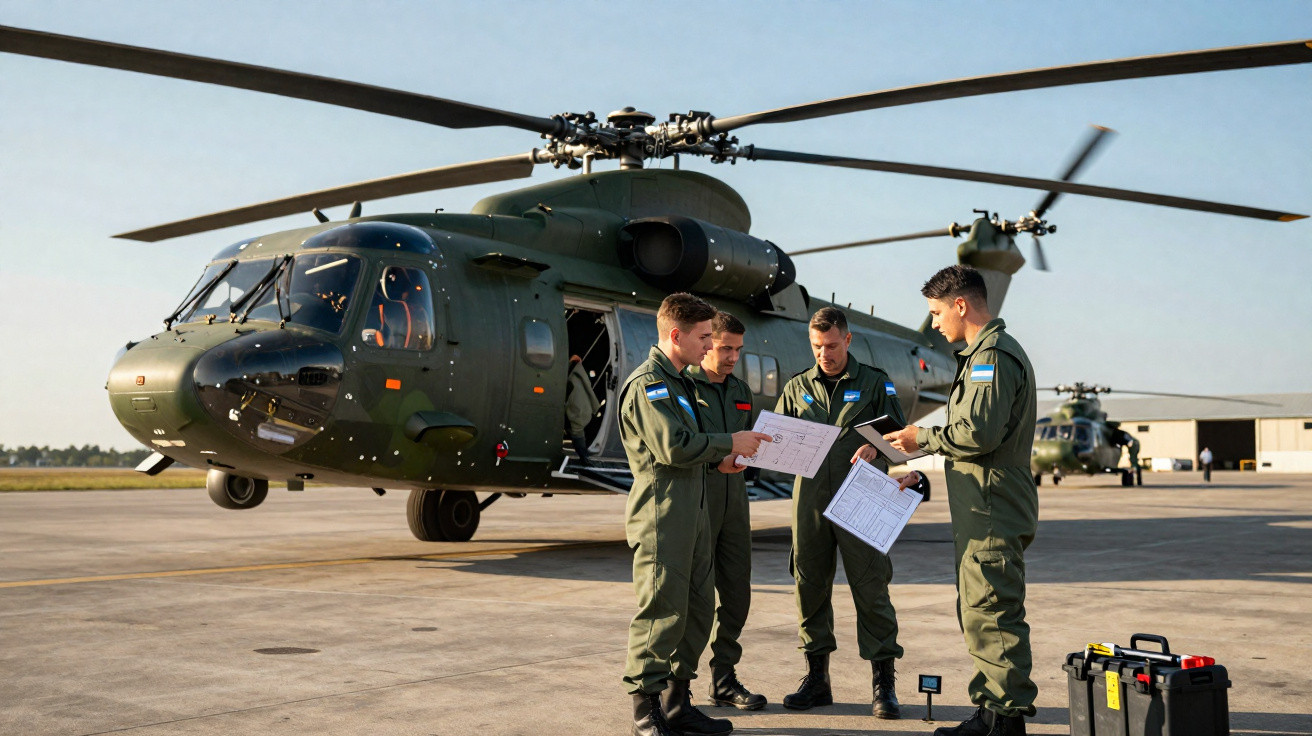 Quatro militares em uniforme verde discutem documentos ao lado de um helicóptero militar estacionado.
