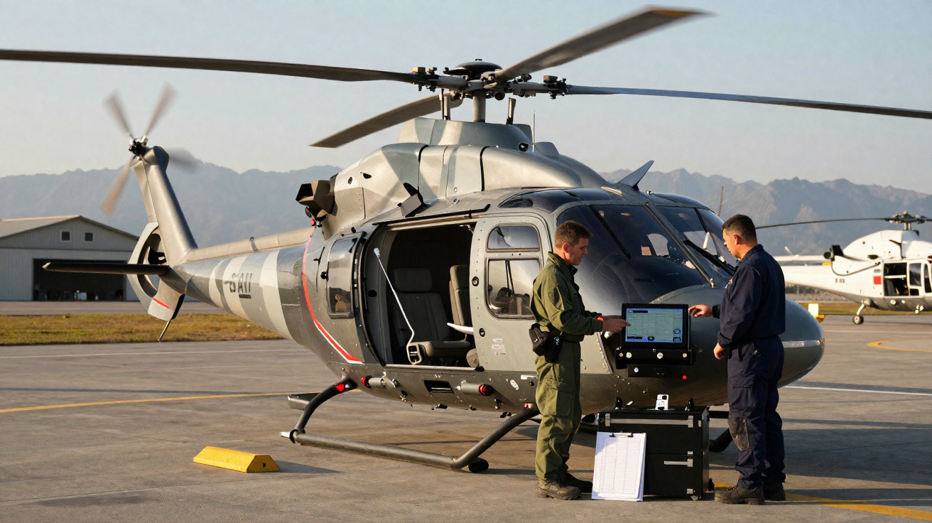 Helicóptero militar cinzento estacionado com duas pessoas em uniforme a operarem um equipamento ao lado da porta aberta.