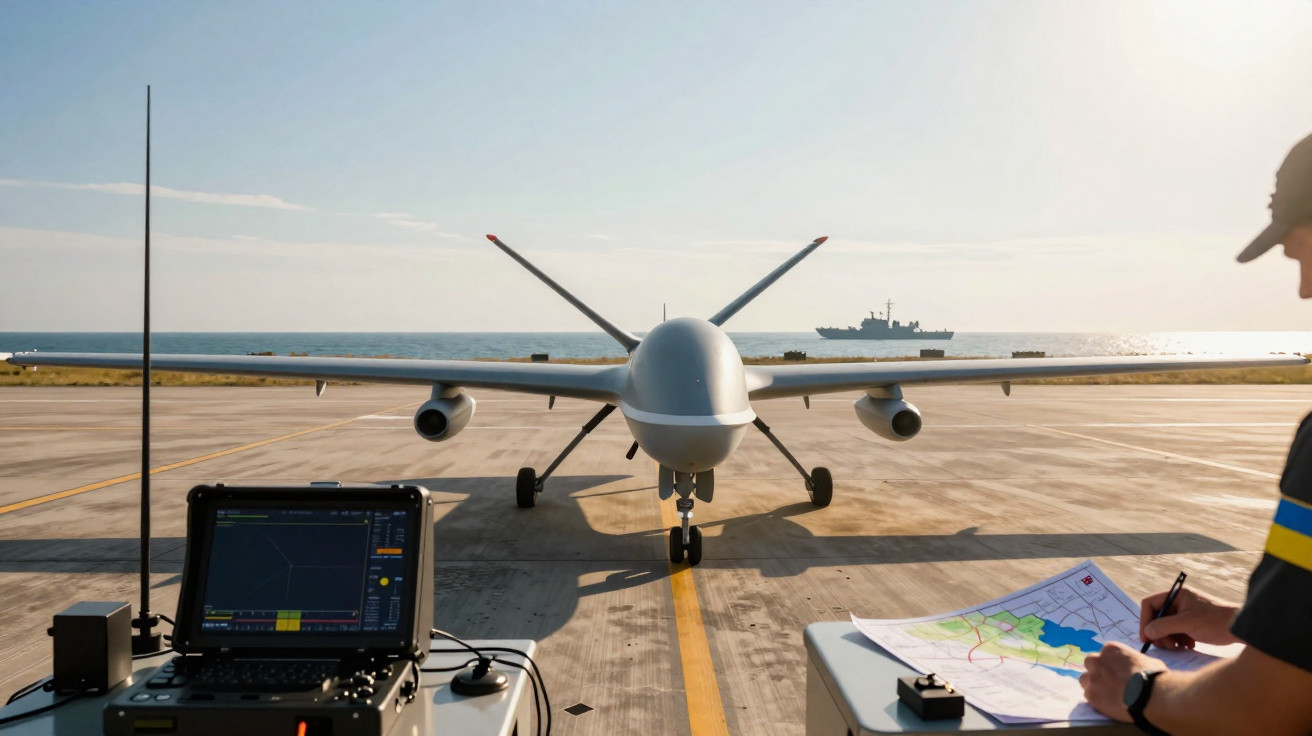 Drone militar no solo junto ao mar, com operador a analisar mapa e equipamento de controlo remoto.